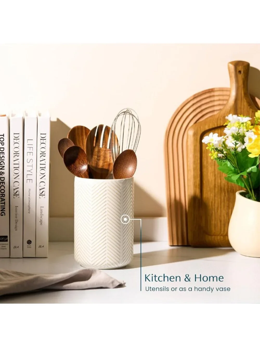 Stylish Ivory Ceramic Storage Containers with Bamboo Lids - Set of 3, Embossed